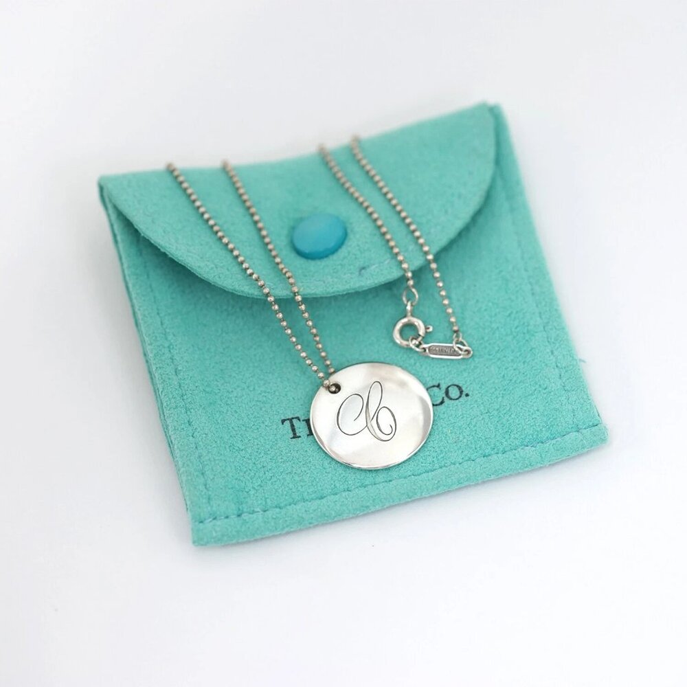 Tiffany & Co. Letter E Disc Round Ball Chain Necklace 17" Silver 925 Auth w/Bag - Picture 4 of 7